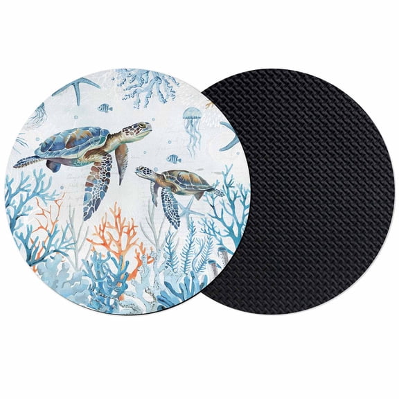 Ocean Turtle Coasters Set of 2, Soft Absorbent Coasters for Drinks, Blue Coastal Coral Starfish Seagrass Non-Slip Cup Coaster Mat with Rubber Bottom for Home Kitchen Desk Coffee Bar Table Decor 4"