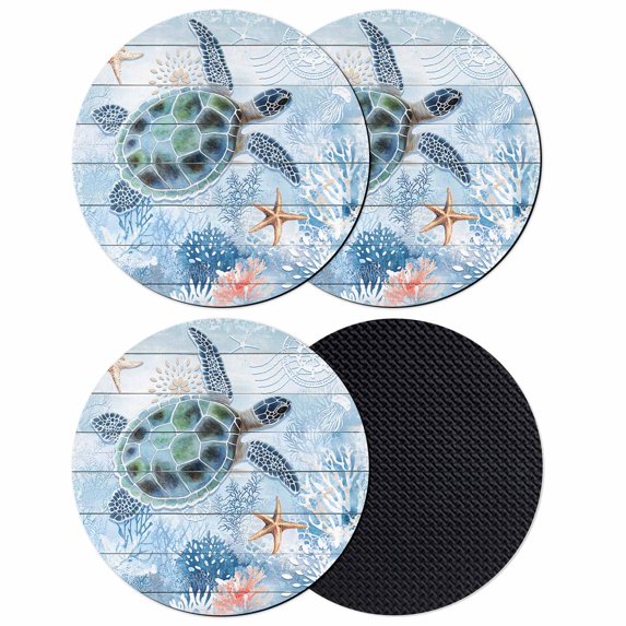 Ocean Turtle Coasters Set of 4, Blue Coral Coastal Starfish Nautical Shell Absorbent Coasters for Drinks, Coaster for Bar Office Dining Coffee Table Accessories Decor, Non Slip Round Desk Coaster