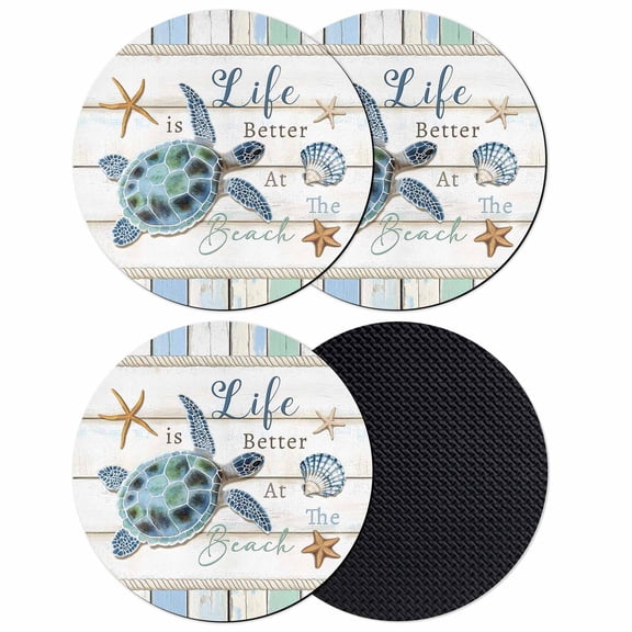 Ocean Turtle Coasters Set of 4, Coastal Blue Starfish Shell Conch Wood Grain Absorbent Coasters for Drinks, Coaster for Bar Office Dining Coffee Table Accessories Decor, Non Slip Round Desk Coaster