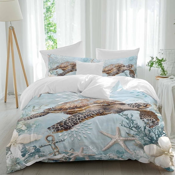 Ocean Turtle Comforter Set Full Size, Retro Marine Life Starfish Coral Soft Bedding Set for Man Woman, 4 Pieces Duvet Cover Set with Fitted Sheet, 2 Pillowcases
