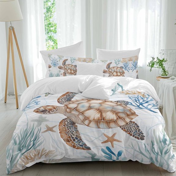 Ocean Turtle Comforter Set Queen Size, Seaweed Coral Sea Watercolor Soft Bedding Set for Man Woman, 4 Pieces Duvet Cover Set with Fitted Sheet, 2 Pillowcases
