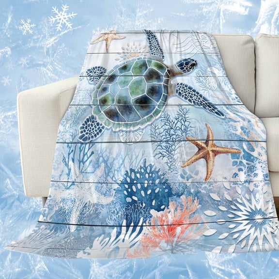 Ocean Turtle Cooling Blanket for Hot Sleepers,Soft Cool Summer Blanket for Night Sweats,Blue Coral Coastal Starfish Nautical Shell Lightweight Ice Silk Bed Throw Blankets All Season 60"x80"