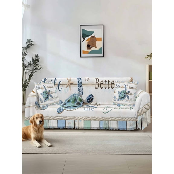 Ocean Turtle Couch Cover, Coastal Blue Starfish Shell Conch Wood Grain Sofa Cover Blanket for 1 Seat Cushion, Sectional Sofa Slipcover Furniture Protector for Living Room Bedroom 71''x91''