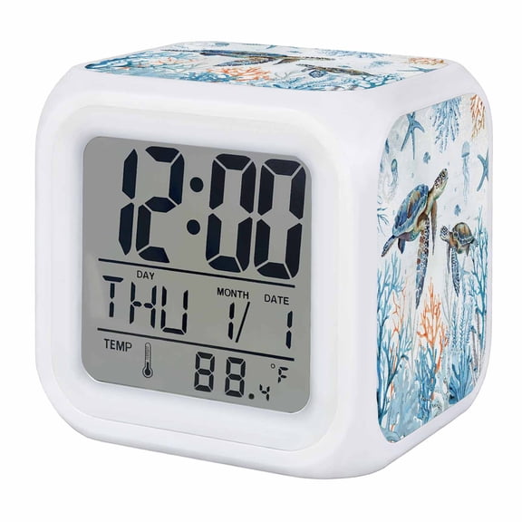 Ocean Turtle Digital Alarm Clock for Bedrooms, Smart LED Alarm Clock with 7 Color Changing Night Light, Blue Coastal Coral Starfish Seagrass Silent Wake Up Clocks for Sleep Study Cooking 3.2"x3.2"