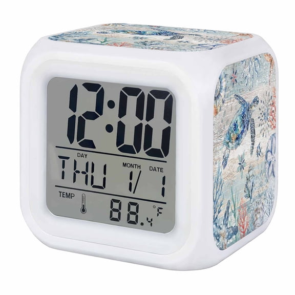 Ocean Turtle Digital Alarm Clock for Bedrooms, Smart LED Alarm Clock with 7 Color Changing Night Light, Coral Vintage Blue Shell Coastal Conch Silent Wake Up Clocks for Sleep Study Cooking 3.2"x3.2"