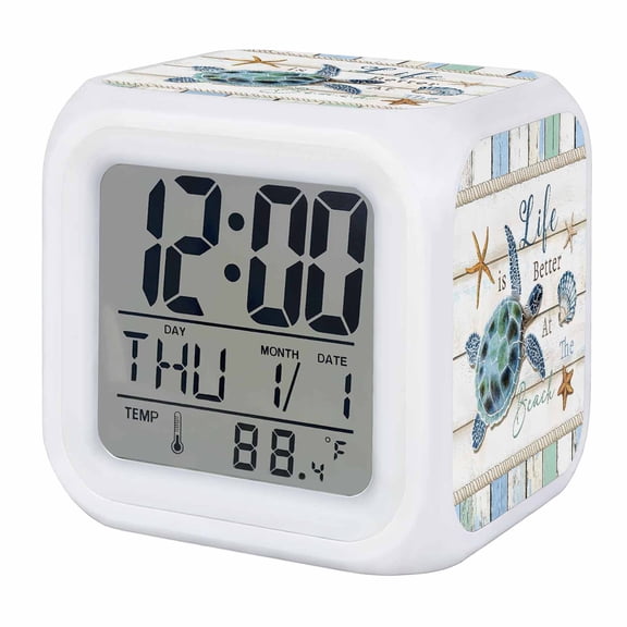 Ocean Turtle Digital Alarm Clock for Bedrooms,Smart LED Alarm Clock with 7 Color Night Light,Coastal Blue Starfish Shell Conch Wood Grain Silent Wake Up Clocks for Sleep Study Cooking 3.2"x3.2"