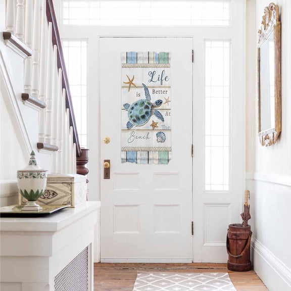 Ocean Turtle Door Curtains for Door Window, French Sidelight Front Back Door Curtains With Tieback, Coastal Blue Starfish Shell Conch Wood Grain Kitchen Rod Pocket Drapes Panel, 25"x40"