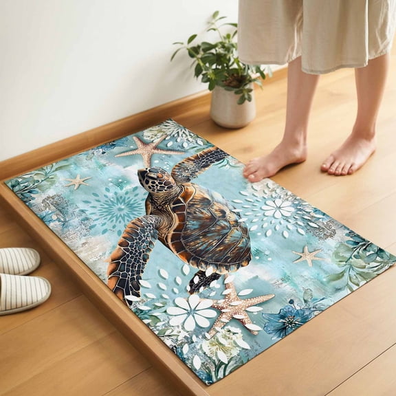 Ocean Turtle Door Mat 16x24 Inch Nautical Retro Beige Starfish Sealife Entryway Rug with Non-Slip Rubber, Inside Floor Mats Front Door Rug for Living Room Bathroom Bedroom Home Office