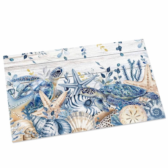 Ocean Turtle Door Mat 16x24 Inch Retro Sea Stars Shells Blue Leaf Wood Grain Entryway Rug with Non-Slip Rubber, Front Door Mat Indoor Floor Mats for Living Room Bathroom Bedroom Home Office