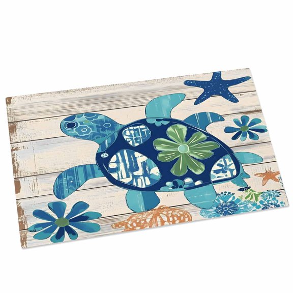 Ocean Turtle Door Mat 16x24 Inch Sea Animals Rustic Wooden Board Entryway Rug with Non-Slip Rubber, Front Door Rug Indoor Floor Mats for Living Room Bathroom Bedroom Home Office