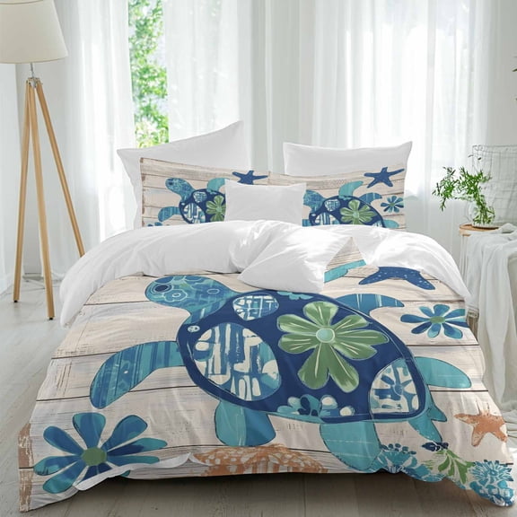 Ocean Turtle Duvet Cover Set Twin Size, Sea Animals Rustic Wooden Board 4 Piece Soft Microfiber Bedding Set with 1 Duvet Cover, 1 Flat Sheet, 2 Pillowcases