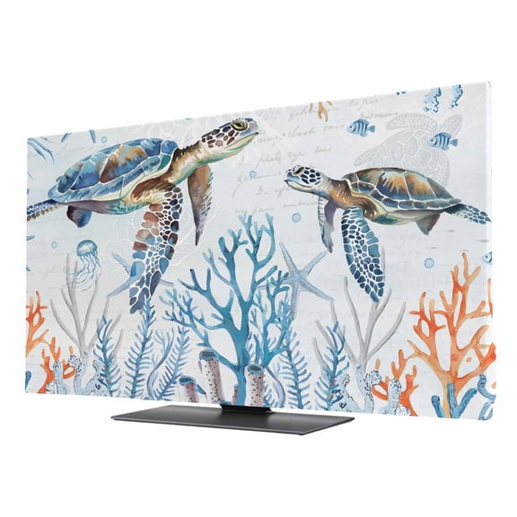 Ocean Turtle Elastic Indoor TV Cover 85" Dust Protector, Stretch Fabric Flat Screen TV Covers, Blue Coastal Coral Starfish Seagrass Universal Washable Anti-scratch Cover for Curved LCD LED OLED TVs