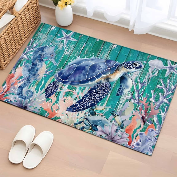 Ocean Turtle Entryway Rug 2'x3' Non Slip Front Door Mats, Coastal Seahorse Jellyfish Coral Wood Green Entrance Rugs Indoor Outdoor Carpet, Washable Floor Mats Small Area Rug for Bedroom Kitchen