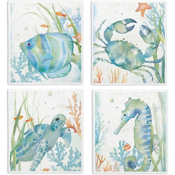 Ocean Turtle Fish Swedish Dishcloths for Kitchen, 4 Pack Ocean Summer Gifts Swedish Dish Cloths Towels for Kitchen Bathroom Office Housewarming Gifts, Papaya Reusable Paper Towels Washable
