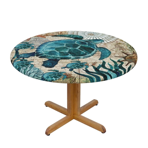 Ocean Turtle Fitted Tablecloth Round with Elastic Edged, Waterproof Wipe Clean Table Cover for Outdoor Indoor Patio Kitchen - Fits Tables 40" to 44" Diameter