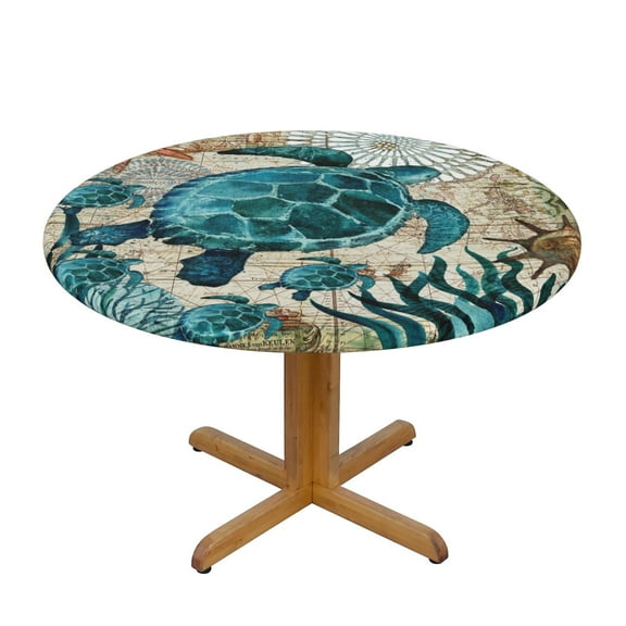 Ocean Turtle Fitted Tablecloth Round with Elastic Edged, Waterproof Wipe Clean Dining Table Cover for Outdoor Indoor Patio Kitchen - Fits Tables 45" to 50" Diameter