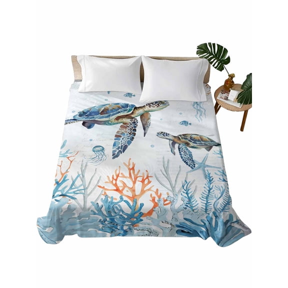 Ocean Turtle Flat Sheet Only Twin Size, Soft Breathable Bed Top Sheets for Mattress, Blue Coastal Coral Starfish Seagrass Luxury Bedding Flat Sheets for Home Hotel Bedroom Bed Protection