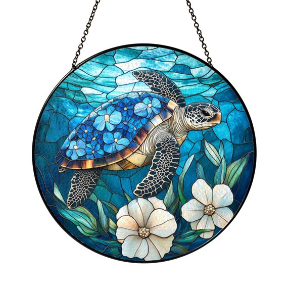 Ocean Turtle Floral Stained Glass Style Window Hanging, Gentle Marine Animal Art Gift
