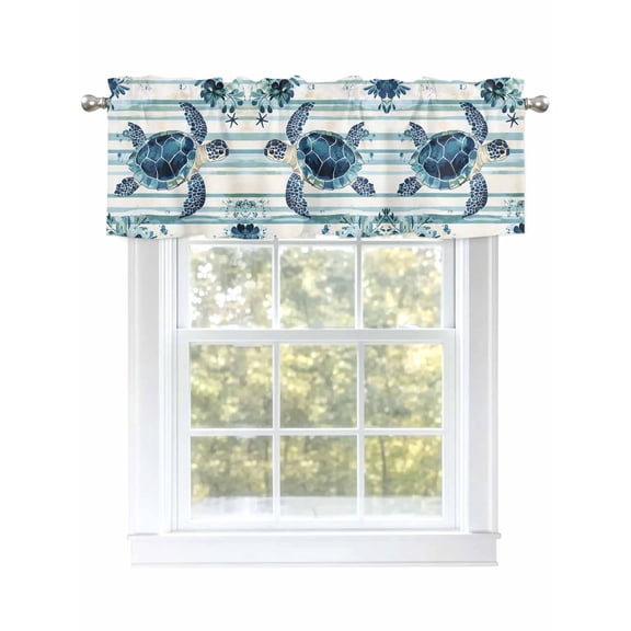 Ocean Turtle Flowers Valances for Windows, Rod Pocket Kitchen Valance Curtains - Soft & Washable Small Window Treatment for Living Room,&nbsp;Bathroom, Blue Striped , 42x12 Inch, 1 Panel
