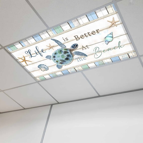 Ocean Turtle Fluorescent Light Covers, Coastal Blue Starfish Shell Conch Wood Grain Magnetic Light Covers for Ceiling Lights, Fluorescent Ceiling Shade for Classroom Bedroom Office 4x2Ft x 1PCS