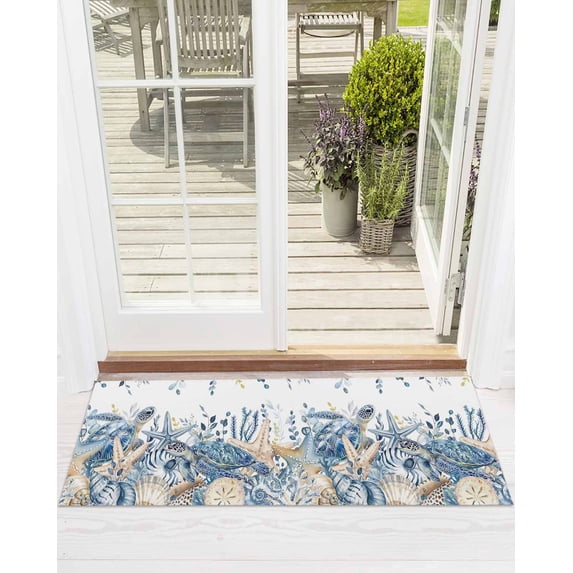 Ocean Turtle Front Door Mat Retro Sea Stars Shells Blue Leaf Welcome Doormat Indoor Outdoor Entrance Floor Mat Non-Slip Washable Runner Rug for Front Porch Decor 20x63 Inch