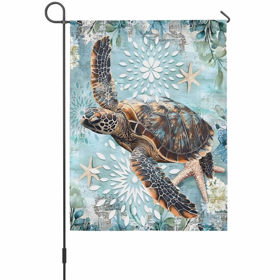 Ocean Turtle Garden Flags For Outdoor, Nautical Retro Beige Starfish Sealife Small Double Side Yard Flags Weather Proof Garden Decor for Lawn Outside Holiday 12 x 18 Inches