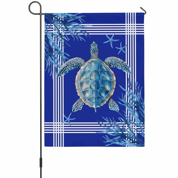 Ocean Turtle House Flag 28 x 40 Inches, Blue Starfish Coral Striped Summer Animal Weather Proof Outdoor Patio Flags Double Sided Small House Decoration for Yard Lawn Outside Home