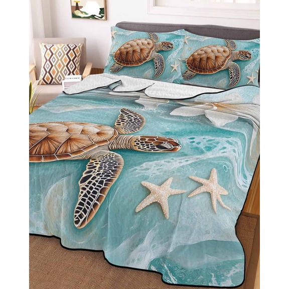 Ocean Turtle King Size Down Alternative Comforter, Lightweight Comforter Quilt Bedding Set with Pillow Shams Coastal Starfish Beach Wave Spring Flower All Seasons Bed Comforter Duvet Insert 96"x106"