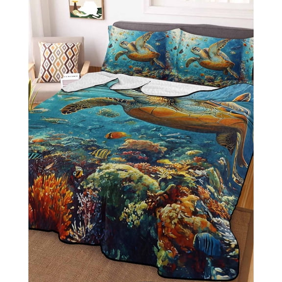 Ocean Turtle King Size Down Alternative Comforter, Lightweight Comforter Quilt Bedding Set with Pillow Shams Summer Beach Underwater Coral Fish Sea All Seasons Bed Comforter Duvet Insert 96"x106"