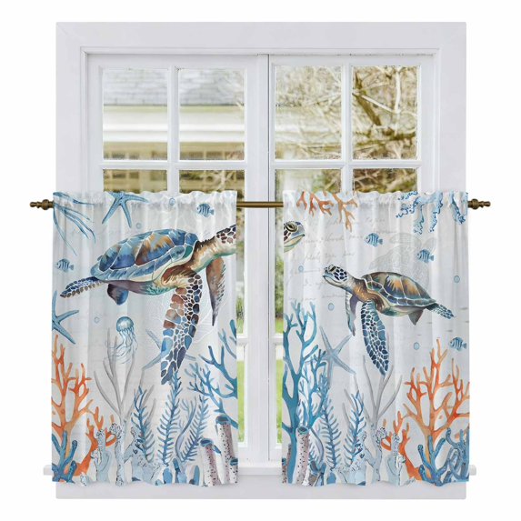 Ocean Turtle Kitchen Curtains, Blue Coastal Coral Starfish Seagrass Light Filtering Window Curtain Panels, 2Pcs Rod Pocket Window Treatments Set for RV Dining Room Study Room 42x45 Inches