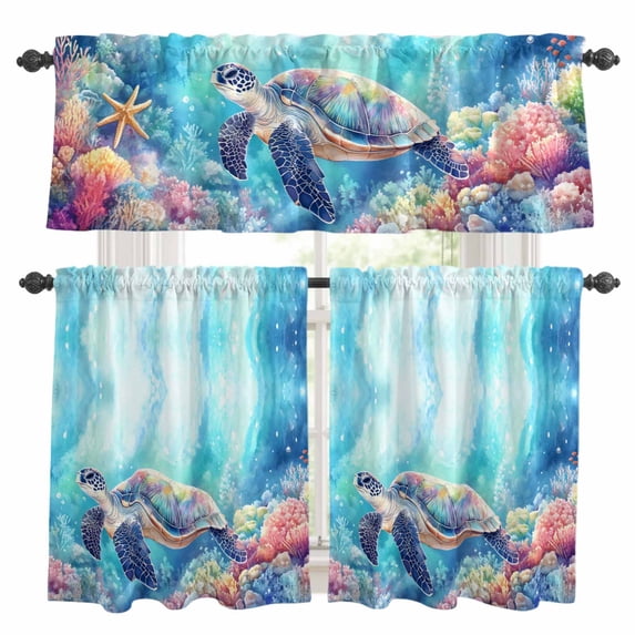Ocean Turtle Kitchen Curtains Valances and Tiers Set of 3 Nautical Watercolor Blue Sea Coral Starfish Bubble Tier Curtains and Valance with Rod Pocket for Small Windows, 27.5"x36"