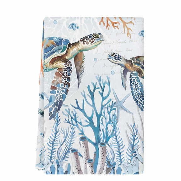 Ocean Turtle Kitchen Towels Set of 1, Absorbent Microfiber Dish Tea Towels with Hanging Loop, Blue Coastal Coral Starfish Seagrass Resuable Hand Towel for Home Kitchen Cooking Cleaning 18"x28"