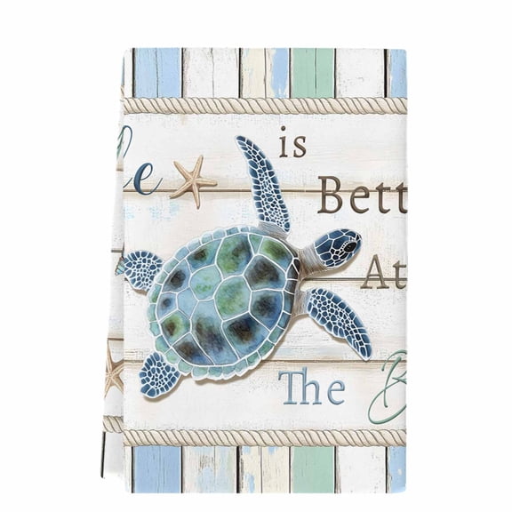 Ocean Turtle Kitchen Towels Set of 1,Absorbent Microfiber Dish Tea Towels with Hanging Loop,Coastal Blue Starfish Shell Conch Wood Grain Resuable Hand Towel for Home Kitchen Cooking Cleaning 18"x28"