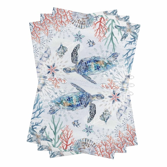 Ocean Turtle Kitchen Towels Set of 3, Water Absorbent Dish Towel, Summer Coastal Coral Flower Shells Decorative Hand Towels - Quick Drying Cloth for Cooking Baking, 18x28 Inch