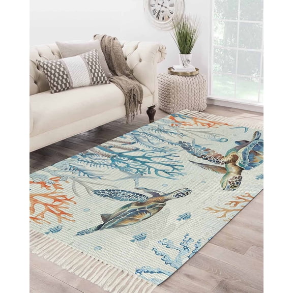 Ocean Turtle Large Area Rug 4x6ft Woven Runner Rug,Blue Coastal Coral Starfish Seagrass Washable Living Room Bedroom Kitchen Bathroom Classroom Carpet with Tassels,Indoor Outdoor Throw Door Mat