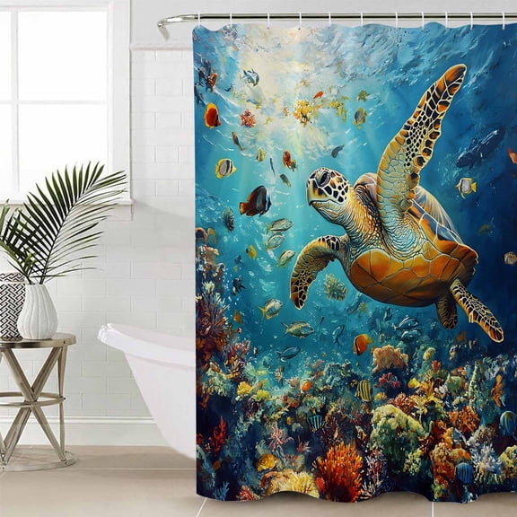 Ocean Turtle Long Shower Curtain Set, Waterproof Shower Curtains for Bathroom, Summer Beach Underwater Coral Fish Sea Washable Fabric Cloth Bath Curtain for Bathtub Decoration with Hooks 72x84 Inches