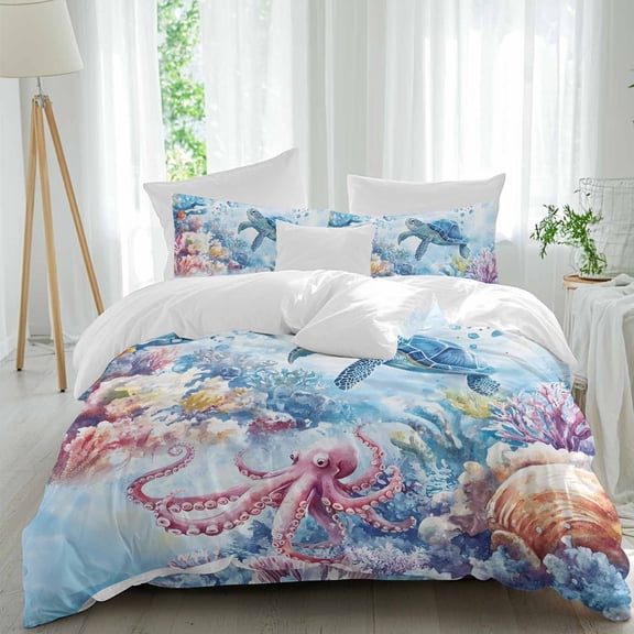Ocean Turtle OctopQueen Size Comforter Set, Watercolor Blue Sea Turtle Coral Seashell Bubble Bedding for All Seasons, 4 Pcs Bed Set, 1Quiltcover (90"x92") ,1Sheet(94"x116"), 2Pillowcases (30"x20")