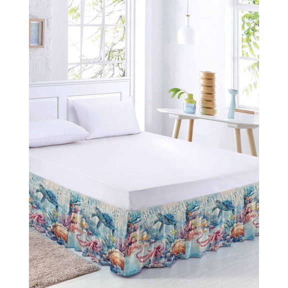 Ocean Turtle Octopus Bed Skirt Queen Size 16 Inch Drop, Watercolor Blue Sea Turtle Coral Seashell Linen Adjustable Elastic Dust Ruffles Bedskirt for Queen Bed Wrap Around Pleated Mattress Frame Cover