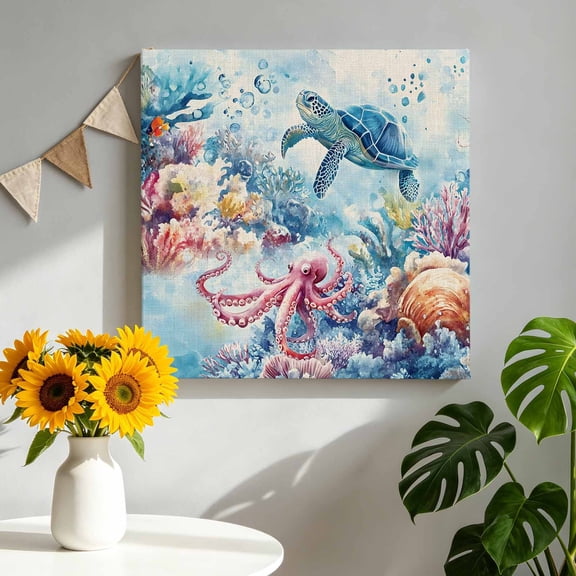 Ocean Turtle Octopus Canvas Wall Art, Watercolor Blue Sea Turtle Coral Seashell Linen Framed Canvas Wall Decor Picture Print Artwork Decorations for Living Room Office Ready to Hang 8" x 8"