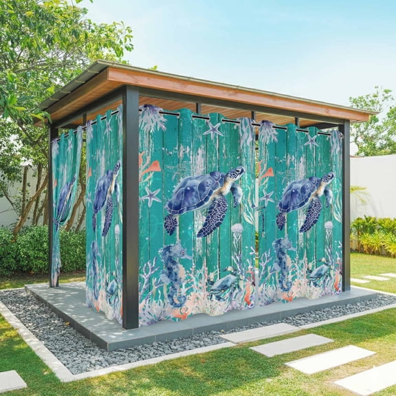 Ocean Turtle Outdoor Curtains for Patio Waterproof, Grommet Outdoor Privacy Panels, Coastal Seahorse Jellyfish Coral Wood Green Weatherproof Outside Curtains for Porch/Cabana 54"Wx95"L, 2 Panel
