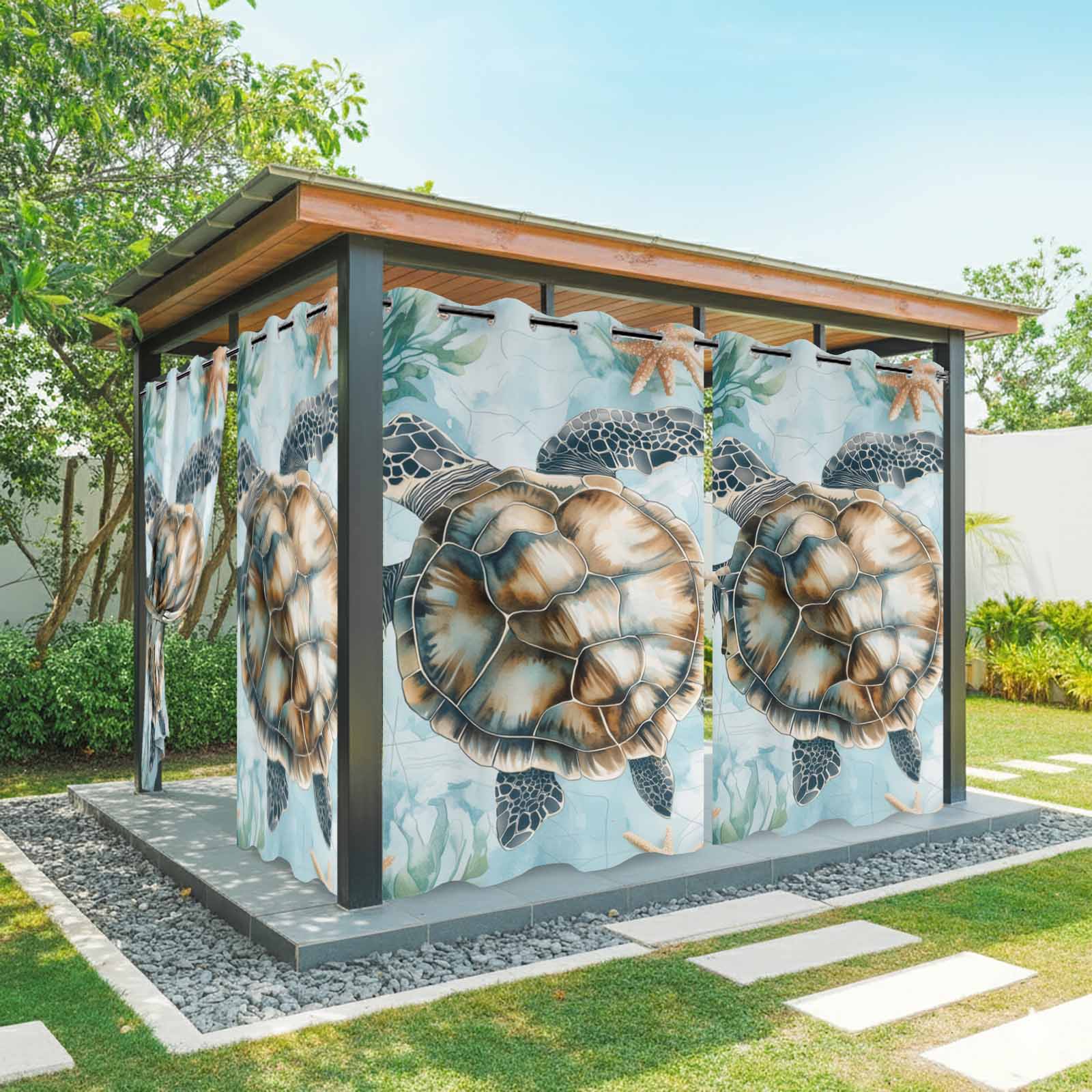 Turtle Shell Pavilion Design Ocean Turtle Outdoor Curtains for Patio Waterproof, Shell Seaweed ...