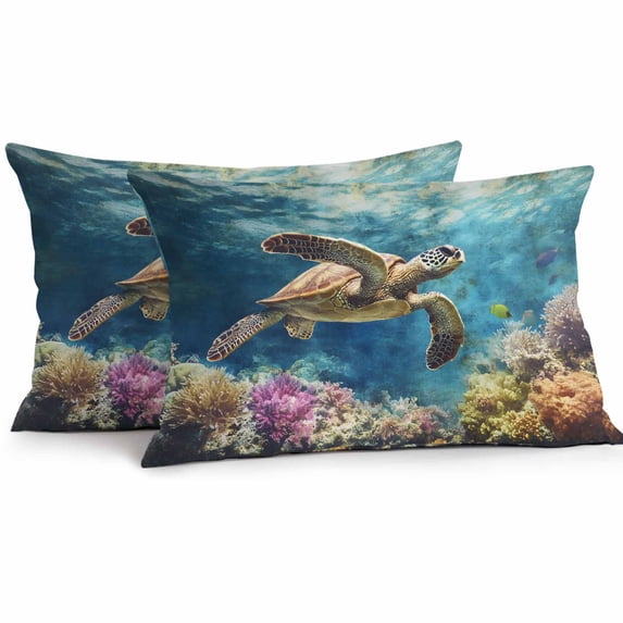 Ocean Turtle Outdoor Pillow Covers Pack of 2 Coral Retro Waterproof Throw Pillow Covers Decorative Cushion Cases for Patio Garden Tent Balcony Couch 20x12 inch