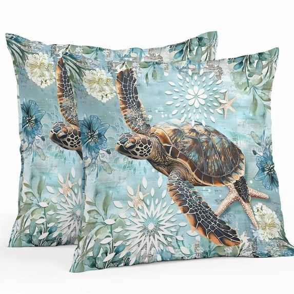 Ocean Turtle Outdoor Pillow Covers Pack of 2 Nautical Retro Beige Starfish Sealife Waterproof Throw Pillow Covers Decorative Cushion Cases for Patio Garden Tent Balcony Couch 16x16 inch