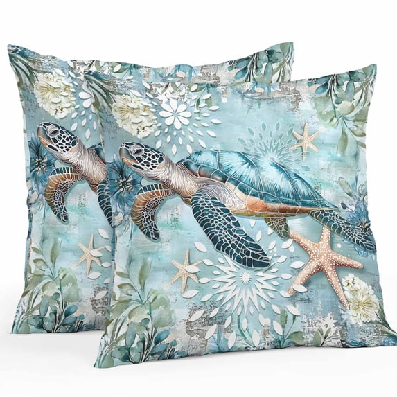 Ocean Turtle Outdoor Pillow Covers Pack of 2 Nautical Retro Blue Starfish Sealife Waterproof Throw Pillow Covers Decorative Cushion Cases for Patio Garden Tent Balcony Couch 24x24 inch