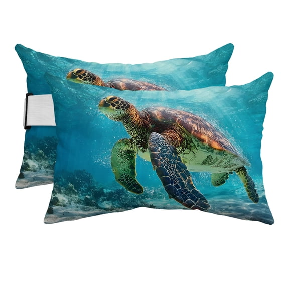 Ocean Turtle Outdoor Pillows for Chaise Lounge Chair Beach Headrest Pillow Set of 2 Waterproof Lumbar Pillows with Insert&Strap Tropical Coastal Animals Underwater Sunshine Pool Pillow 12"x20"