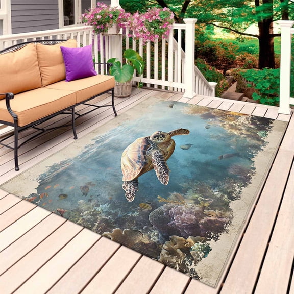 Ocean Turtle Outdoor Rug 5x8 Ft, Non Slip Washable Area Rug, Retro Coral Reef Illustration Coastal Patio Rugs Carpet Runner, Large Floor Mat for Indoor/Outdoor Deck Porch Camping