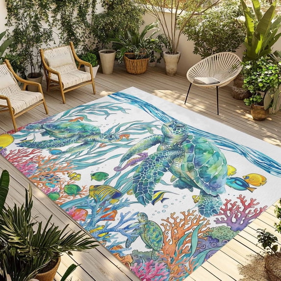 Ocean Turtle Outdoor Rug for Patio/Deck/Porch, Non-Slip Large Area Rug 4 x 6 Ft, Coastal Animals Seaweed Fish Coral Marine Life Indoor Outdoor Rugs Washable Area Rugs, Camping Rug Carpet Runner