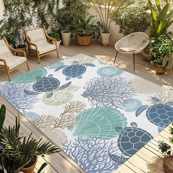 Ocean Turtle Outdoor Rug for Patio/Deck/Porch, Non-Slip Large Area Rug 5 x 7 Ft, Nautical Sea Coral Conch Shells Watercolor Indoor Outdoor Rugs Washable Area Rugs, Camping Rug Carpet Runner