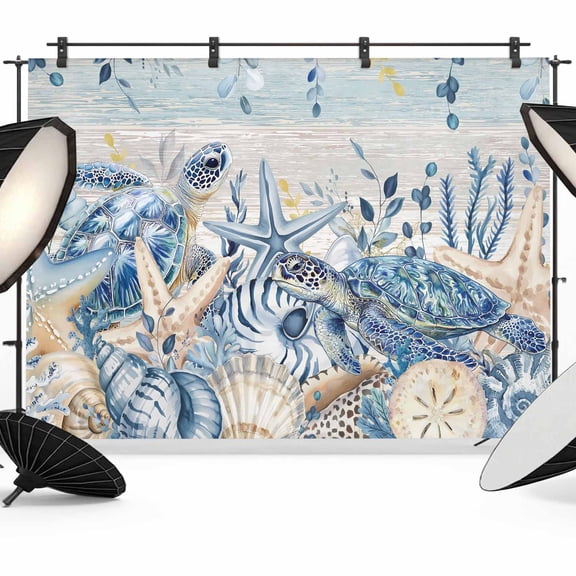 Ocean Turtle Photography Backdrop 7x5FT, Retro Sea Stars Shells Blue Leaf Beige Stripes Photo Backdrops, Background for Photography Studio Photo Studio Background, Back Drop for Photoshoot