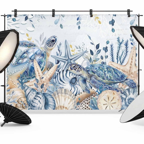 Ocean Turtle Photography Backdrop 7x5FT, Retro Sea Stars Shells Blue Leaf Blue Photo Backdrops, Background for Photography Studio Photo Studio Background, Back Drop for Photoshoot